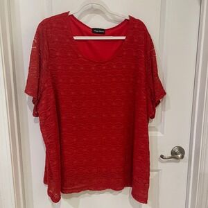 Maggie Barnes Red Lace Short Sleeve Scoop Neck Blouse Top Plus 4X Size